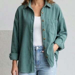 Green Oversized Soft Corduroy Button Down Long Sleeve Women's Sz Medium Casual